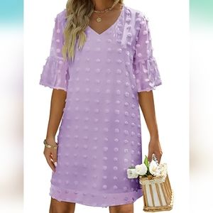 FEXIXV Womens Summer Short Sleeve V Neck Mini Dress Chiffon Swiss Dot Fl…